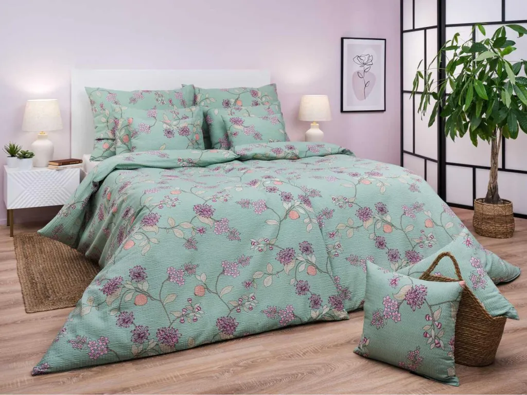 Linge de lit lin et crêpe Klaudia vert 140x200 cm - Texture sans repassage