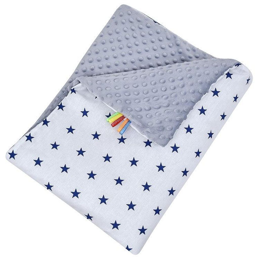 Babydecke Minky Kuscheldecke für Babys 75x100 cm Baumwolle Kinderwagen Krabbeldecke Blue Stars - grau