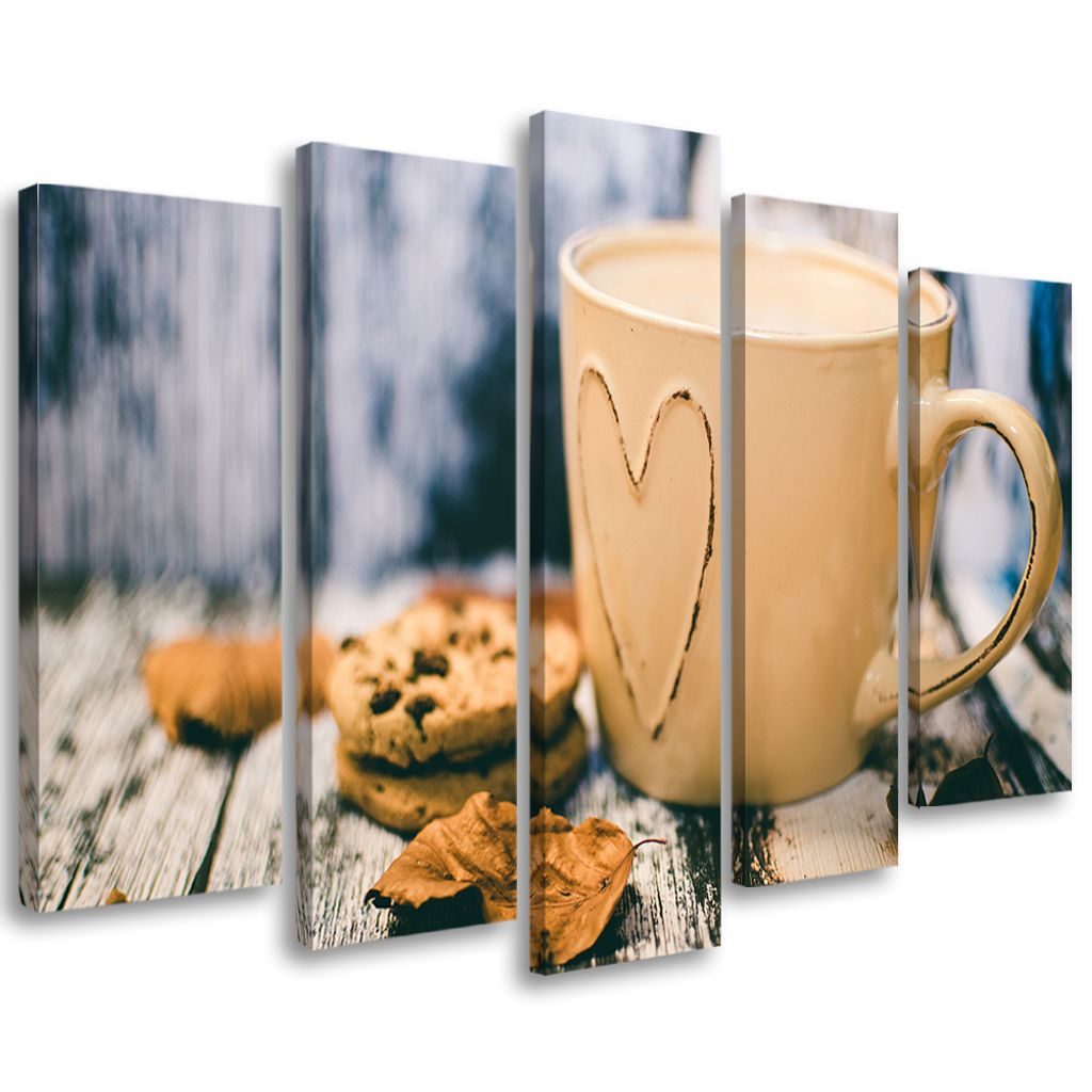 5-teiliges leinwandbild kaffeetasse 150x100 cm Feeby beige wandbild bereit zum aufhängen