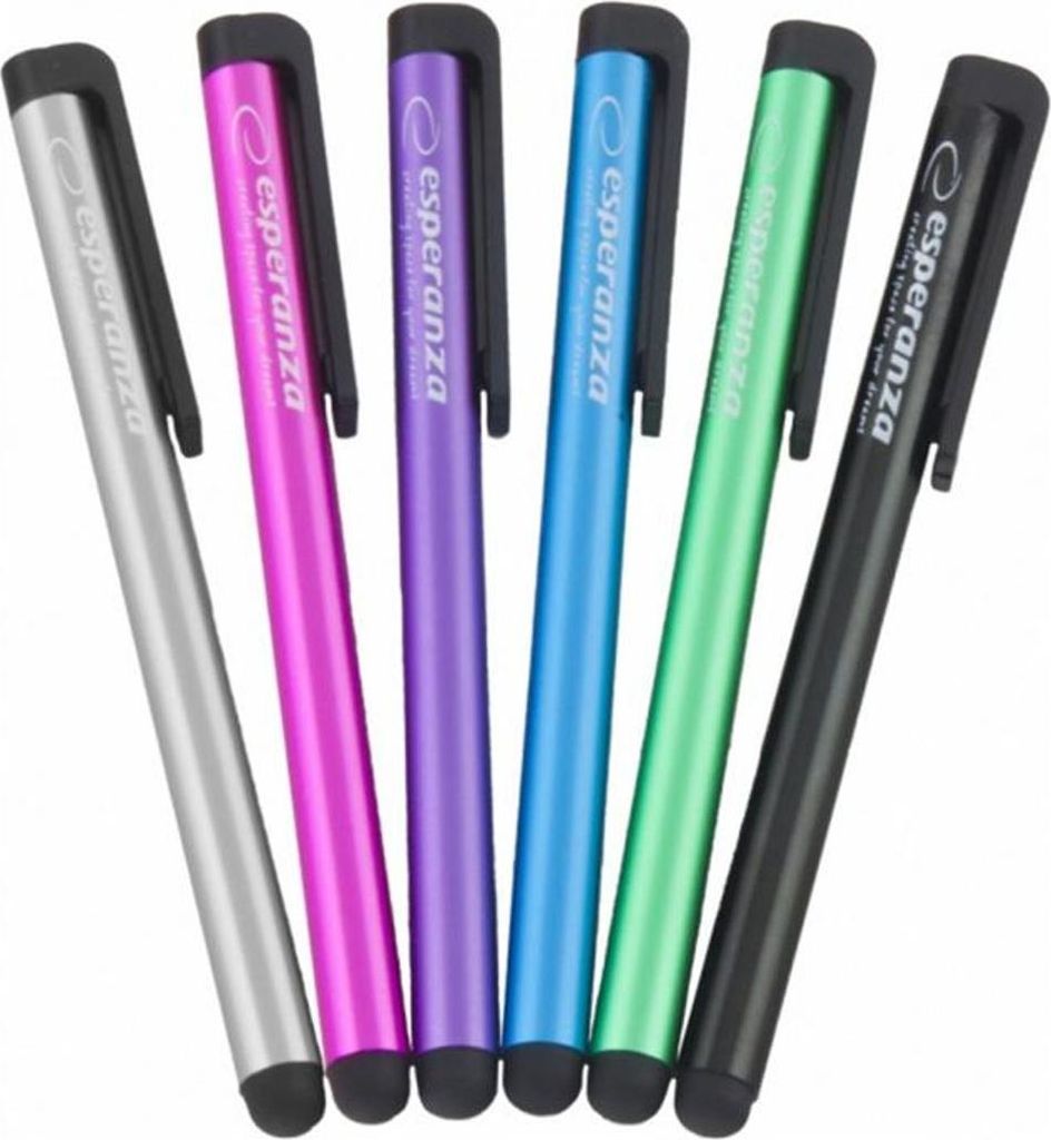 A group of six colorful stylus pens arranged diagonally against a white background.