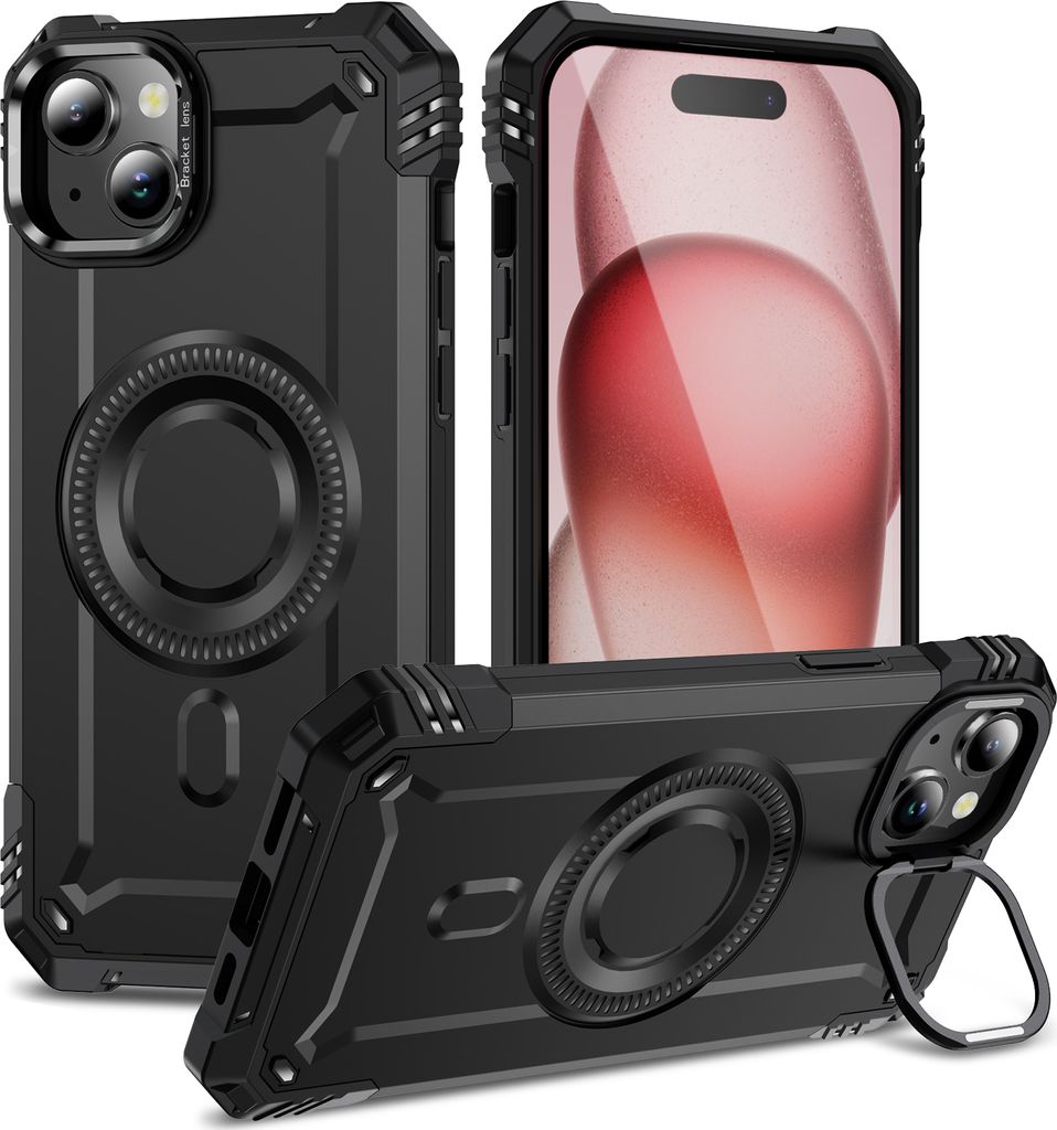 Magnetisch Hülle für iPhone 14 Plus/iPhone 15 Plus, Heavy Duty Militärischer Stoßfest Handyhülle Kamera-Ringständer Schwarz