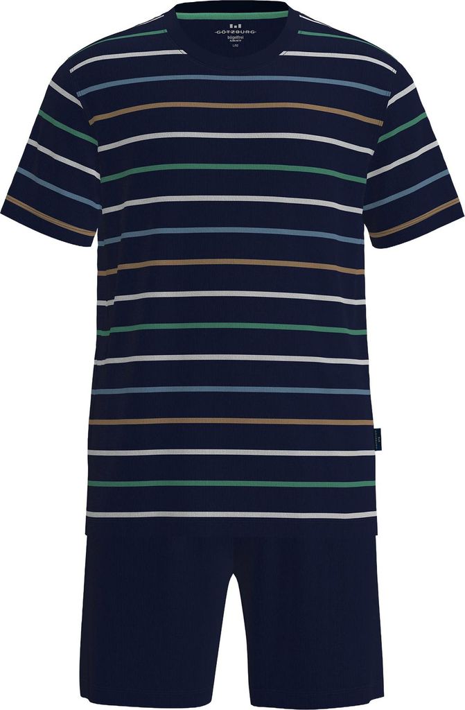 GÖTZBURG Herren Schlafanzug, kurz - Shorty, Rundhalsausschnitt, gestreift, Baumwolle, Pyjama Blau L