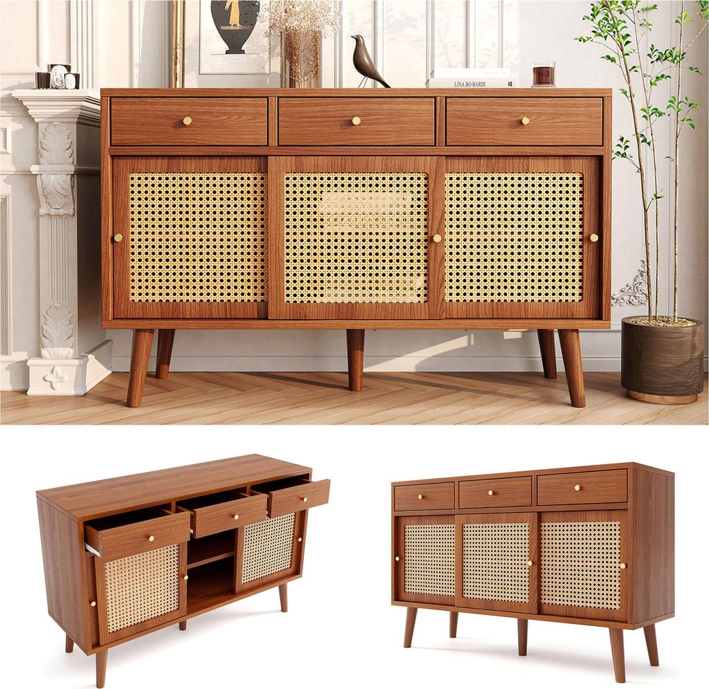 Fortuna Lai Sideboard, Kommode mit 3 Schubladen und 3 Schiebetüren, Rattangeflecht auf den Türfronten, Beine aus massivem Holz, Golden Metall Bü...