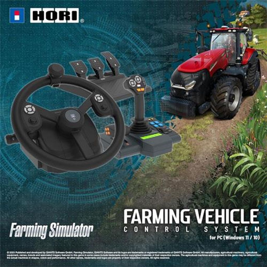 A farming simulator steering wheel and joystick controller is shown in the foreground, with a red tractor in the background, set against a blue, green, and brown backdrop with text.