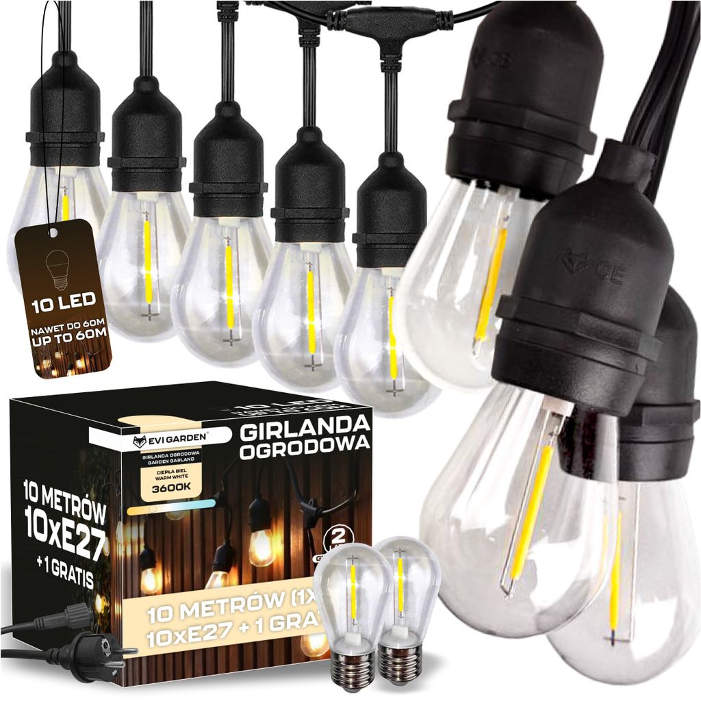 GIRLANDA ŚWIETLNA OGRODOWA Zewnętrzna 10M Żarówki 10+1 LED Zdjęcie produktu 