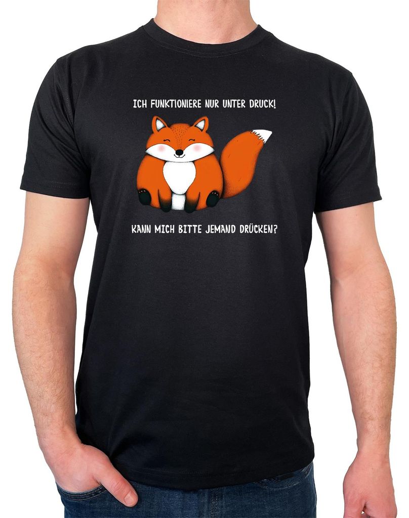 Huuraa Herren T-Shirt Drück mich Fuchs XXL Black Bio Baumwolle Fairtrade Herrenshirt Geschenkidee