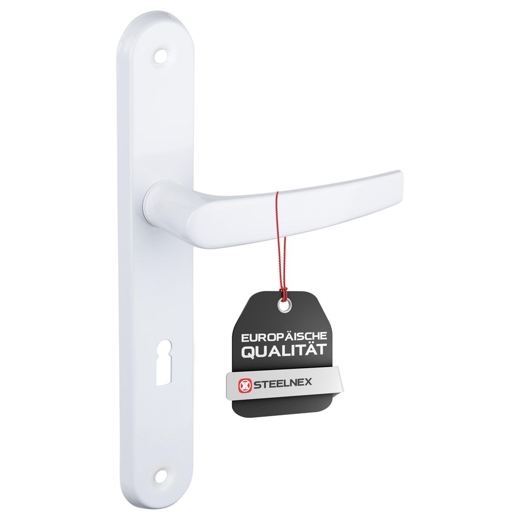 A white door handle with a black tag attached by a red string.