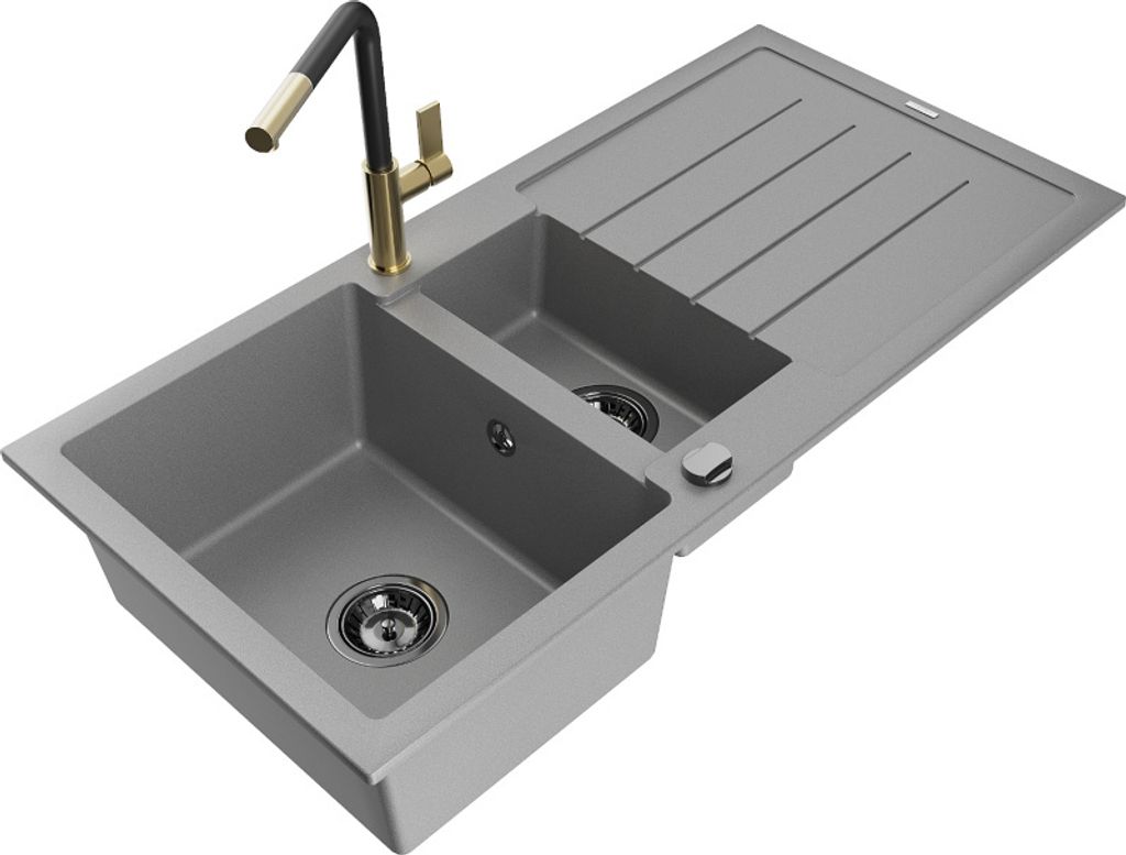 Mexen Andres 1,5-Becken-Granitspüle mit Abtropffläche und Mischbatterie Flora, Grau - 6515-71-670401-57-B