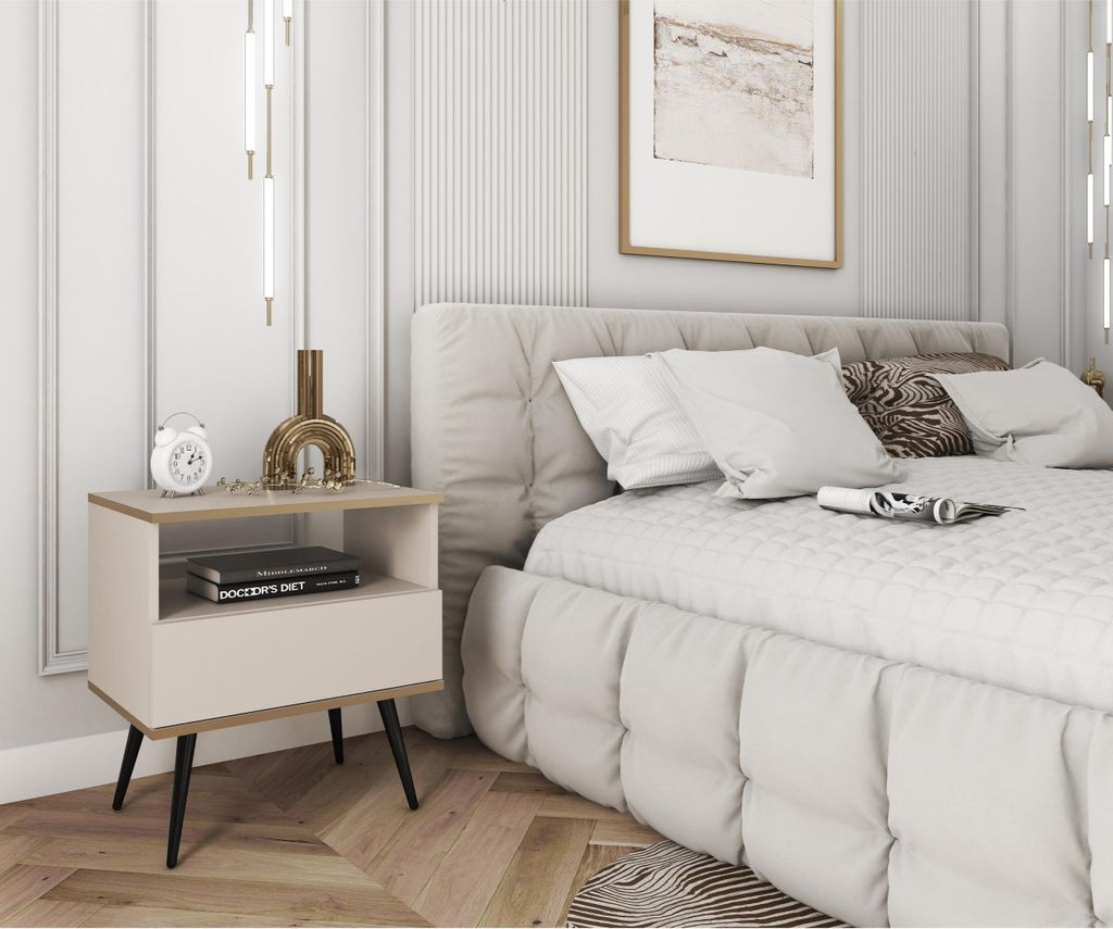 Modern Nachttisch Glow Glamour Nachtkonsole mit Schublade Nachttisch im glamour Stil Nachttischschrank mit Schwarzenen Zusätzen, Farbe: Beige, Sch...