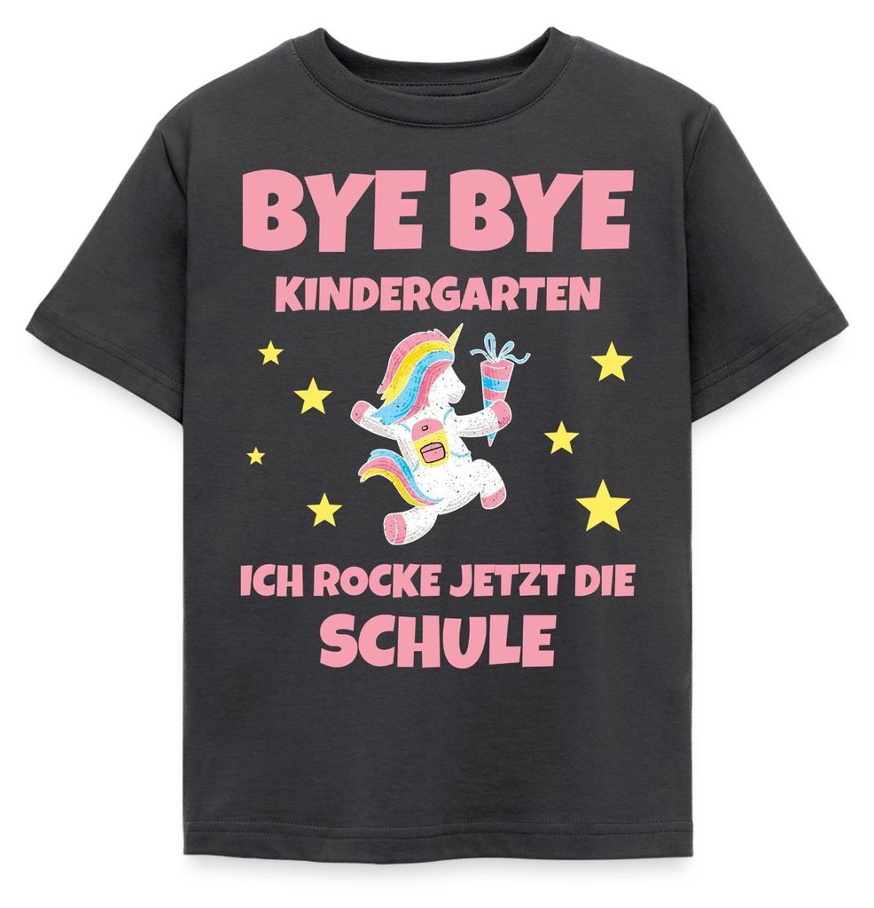 Spreadshirt Bye Bye Kita Ich rocke jetzt die Schule Einhorn Kinder T-Shirt, 98/104 (3-4 Jahre), Dunkelgrau