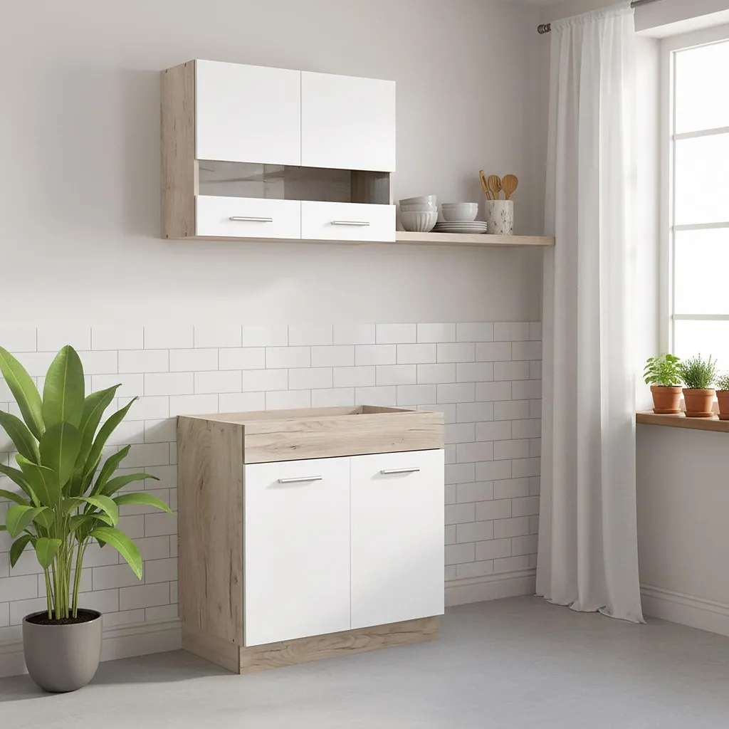 Meuble de Cuisine Équipée 80 cm avec Plan de Travail Aspect Bois