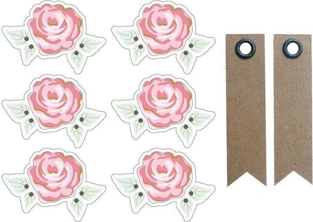 Aufkleber 3D 4 cm - romantische Rosen mit weißen Kontur + 20 Wimpel Kraft Etiketten