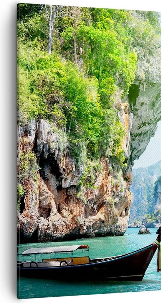 Bild auf Leinwand - Leinwandbild - Boot Klippen Natur Felsen - 55x100cm - Wand Bild - Wanddeko - Leinwanddruck - Bilder - Kunstdruck - Wanddekorati...