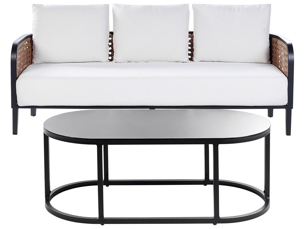 BELIANI Gartensofa mit Tisch 3-Sitzer Schwarz Aluminium Auflagen Cremeweiß Wiener Geflecht Modern Lounge Set Terrasse Balkon Outdoor Gartenzubehör