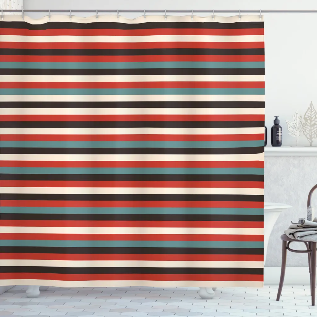 ABAKUHAUS Tenda da doccia a righe, vintage anni '60 rosso nero, impermeabile, inclusi 12 anelli, resistente a batteri e muffe, 175 x 240 cm, multicolore