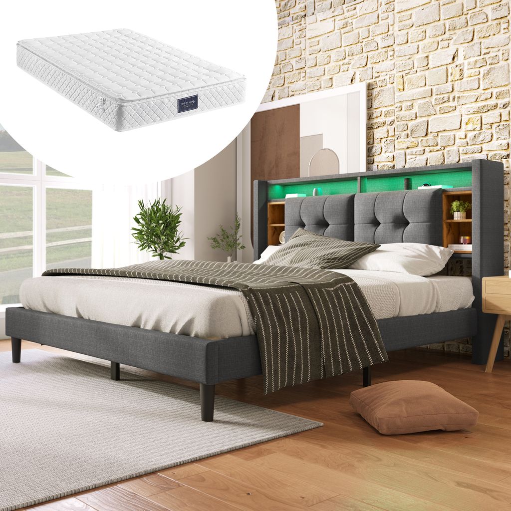 okwish Polsterbett 160 x 200 cm mit USB-Aufladung und LED-Beleuchtung, hochwertiges Holz, langlebig und einfach zu installieren, Doppelbett mit Sta...