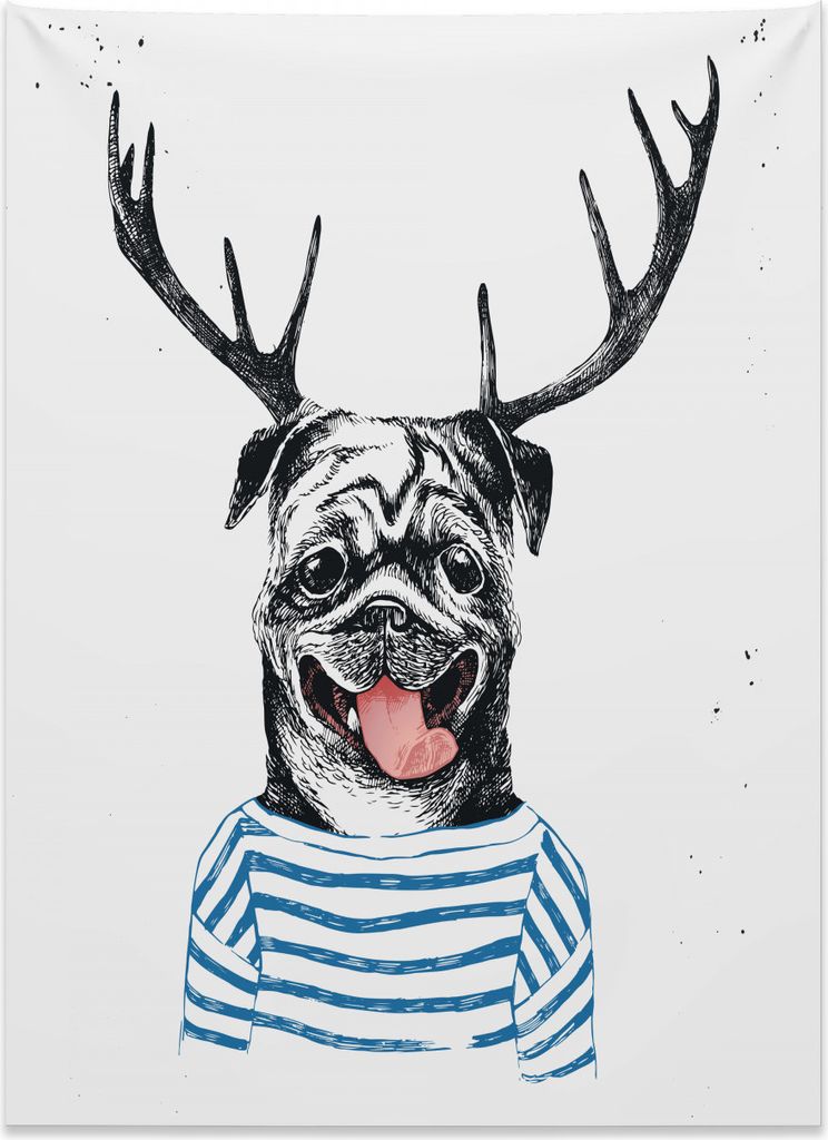 Abakuhaus Mops Wandteppich, Hund mit Geweih Surreal aus Weiches Mikrofaser Stoff Kein Verblassen Klare Farben Waschbar, 110 x 150 cm, Weiß Schwarz...