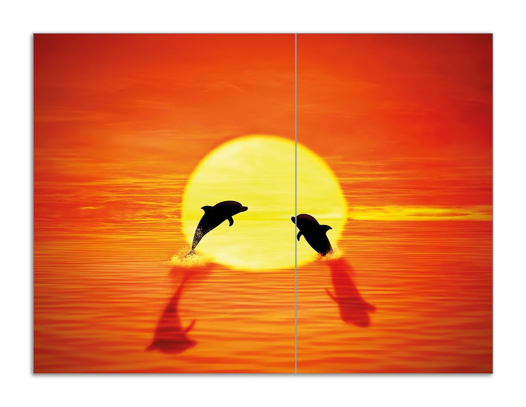 Wallario Herdabdeckplatte aus Glas, Größe 70 x 52 cm 2-teilig, Motiv Delphine im Sonnenuntergang