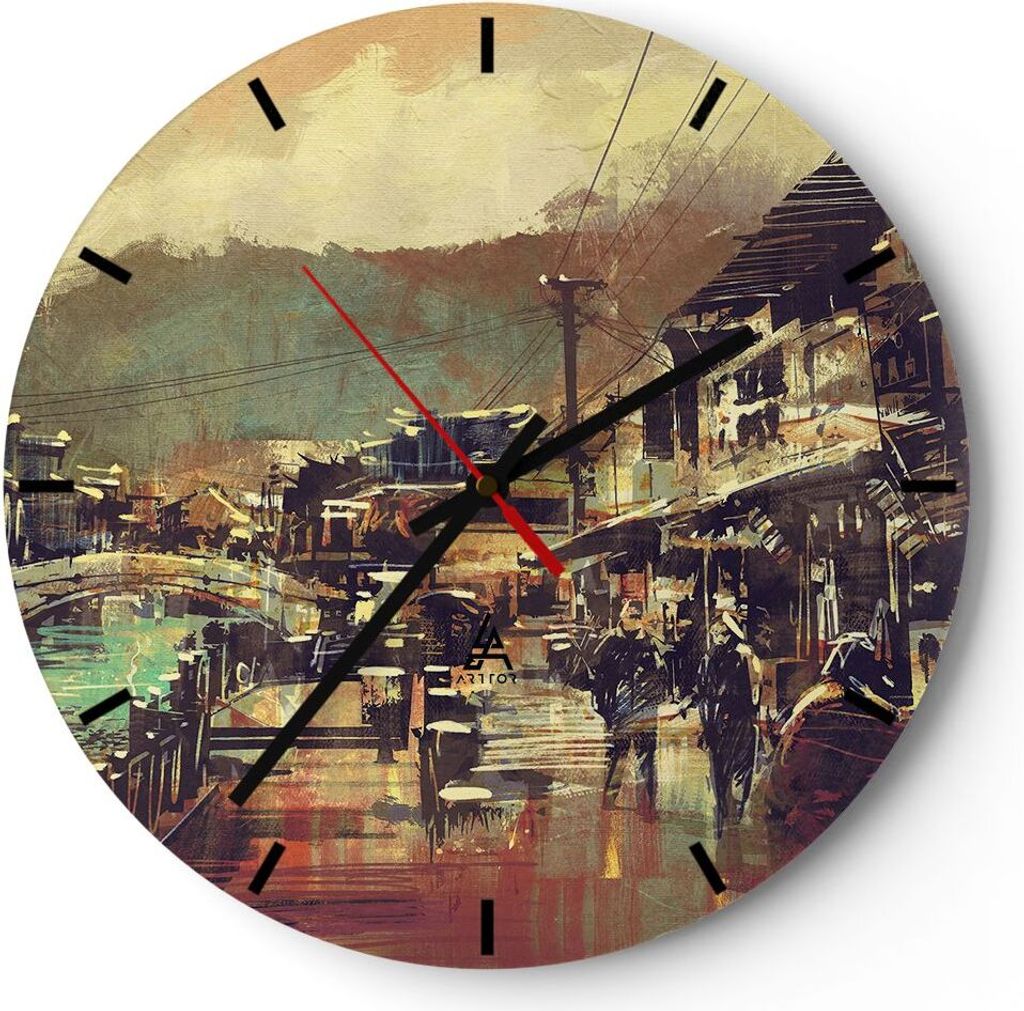 Wanduhr - Rund - Glasuhr - Brücke Straße Fluss - 30x30cm - Schleichendes Uhrwerk - Lautlos - zum Aufhängen bereit - Dekoration Modern - Wanddeko...