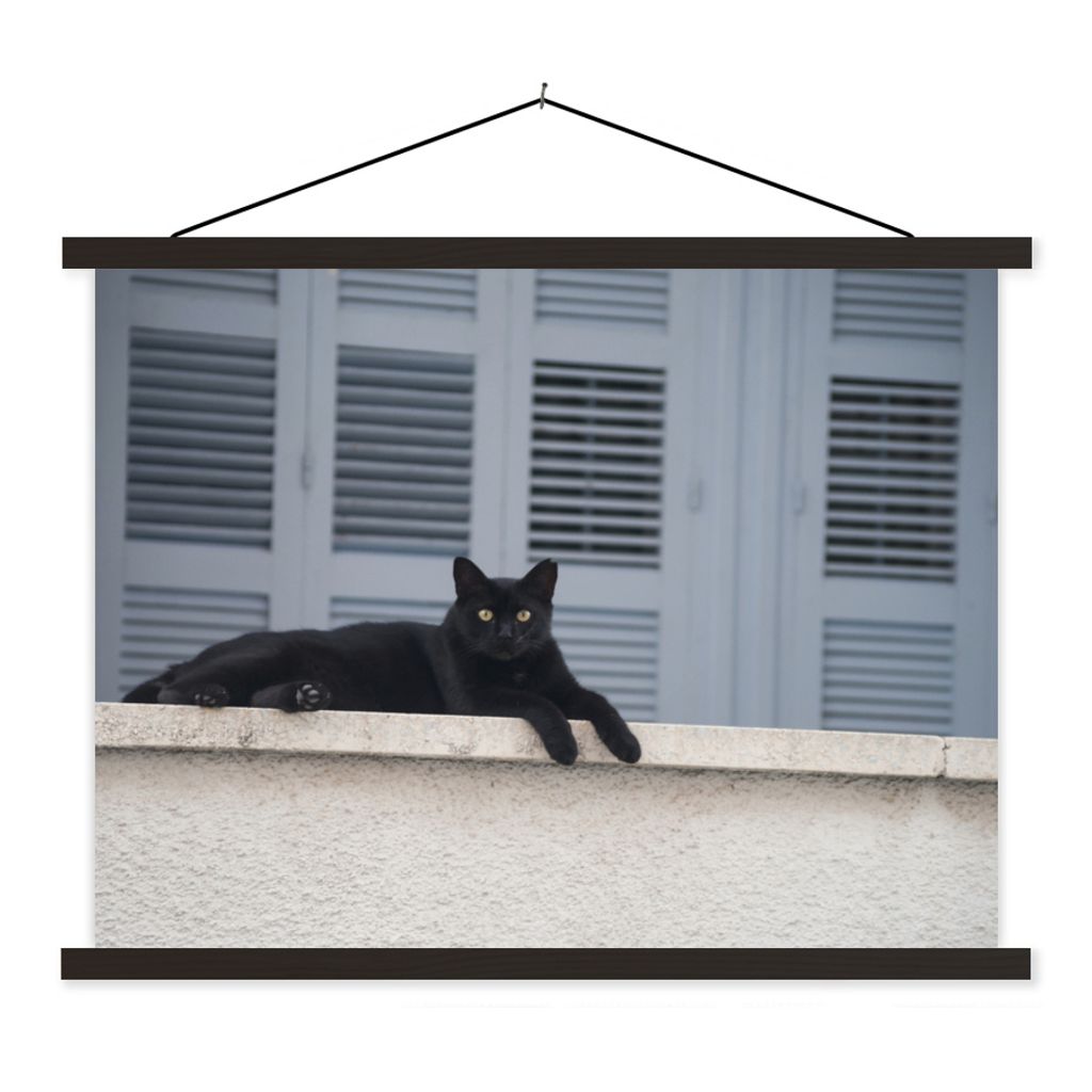 MuchoWow Textilposter Katze - Schwarz - Fensterläden - Mädchen - Kinder - Jungen - Kind 40x30 cm mit schwarzem Rahmen - Dekorationen