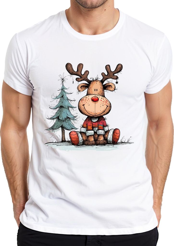 Lustiges Rentier mit roter Nase Weihnachtsbaum Geschenk Winter Herren T-Shirt, Weiß, XXL