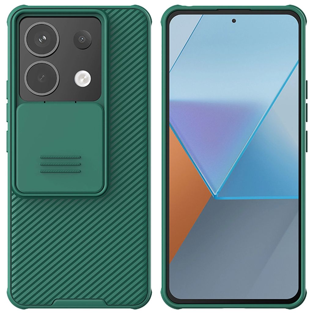 A green phone case with a sliding camera cover is shown from the back and front.