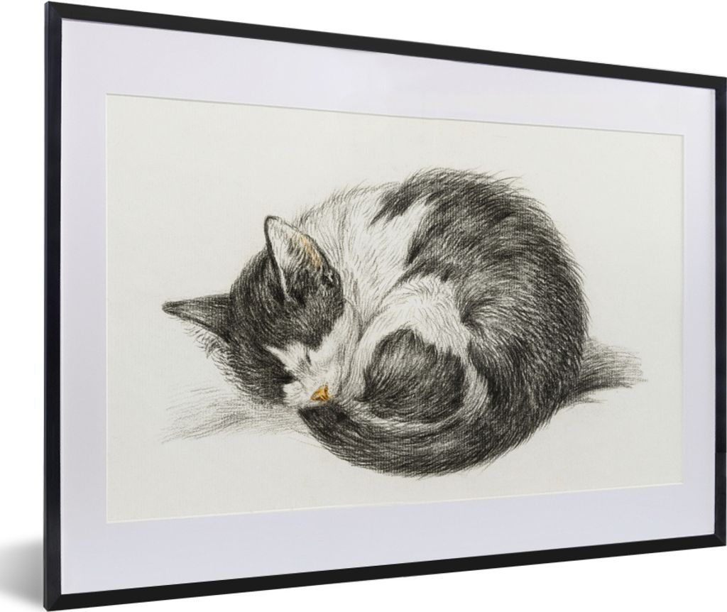 MuchoWow MuchoWow Gerahmtes Poster Schlafende Katze zusammengerollt - Gemälde von Jean Bernard 60x40 cm - Poster mit zchwarzem Bilderrahmen - ...