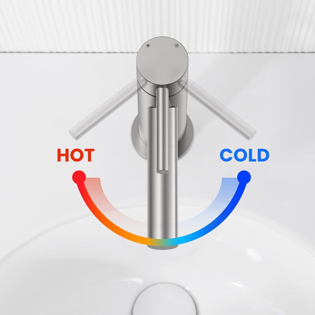 A faucet with indicators for hot and cold water.