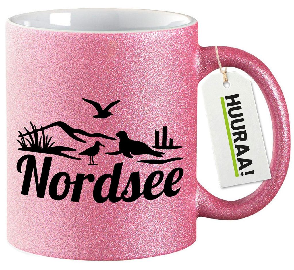 Huuraa Glitzertasse Nordsee Strandmotiv 330ml Pink Keramik Kaffeebecher Geschenkidee