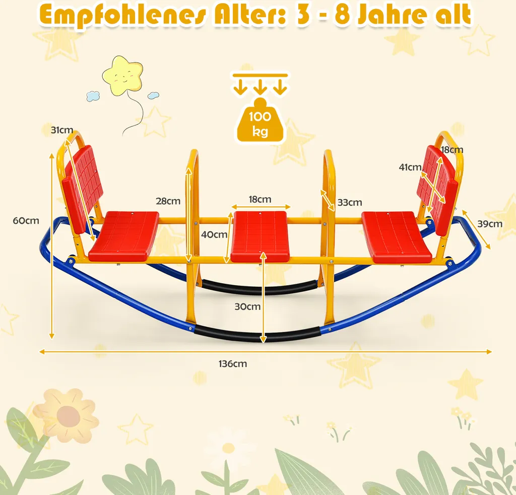 COSTWAY Altalena a 3 posti, altalena da giardino con capacità di carico fino a 100 kg, altalena per bambini da interno e da esterno, altalena giostra in metallo per bambini ideale per bambini da 3 a 8 anni - 6