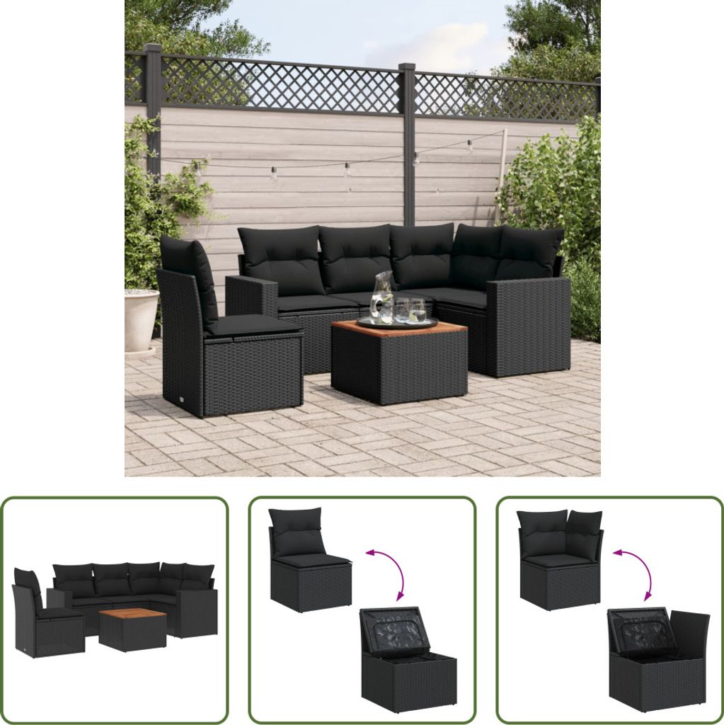 The Living Store 6-tlg. Garten-Sofagarnitur mit Kissen Schwarz Poly Rattan