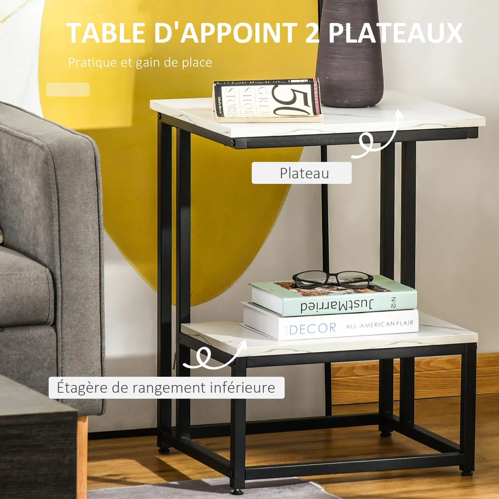 Table d'appoint chambre et séjour avec étagère effet marbre chic - 8