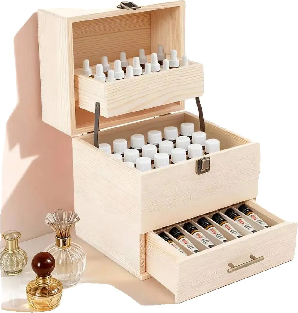 Boîte en Bois de Pin pour 59 Huiles Essentielles, Fermeture en Zinc