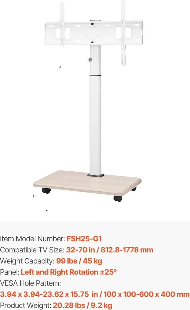 Support TV sur pieds à roulettes avec système de fixation simple réglable