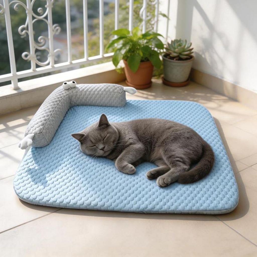 Haustier Kühlbett 55x40cm mit U-Kissen 5-Schicht Kühlmatte rutschfest waschbar Sommer Bett für Katze kleiner Hund