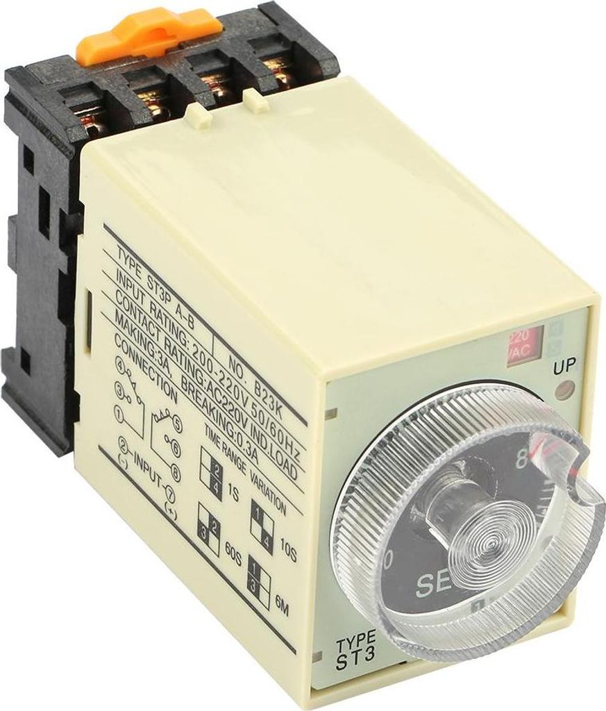 ST3PA-B Einschaltverzögerungs-Relais mit einstellbarem 0-10 Sekunden Timer, AC 220V, Knopfeinstellung, inklusive Montagebasis