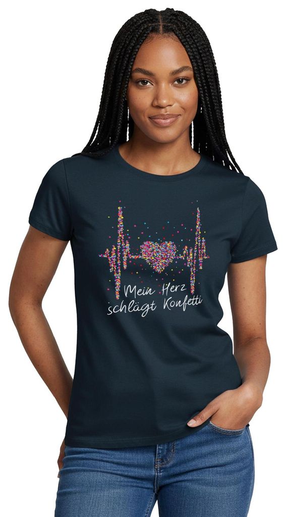 Spreadshirt Herzschlag Karneval Mein Herz Schlägt Konfetti Spruch Frauen T-Shirt, M, Navy