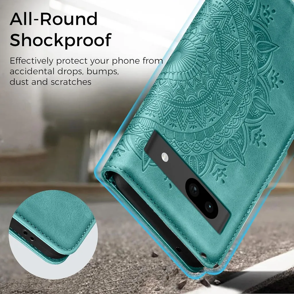 Housse Google Pixel 8A verte en cuir gaufré avec rangement de cartes