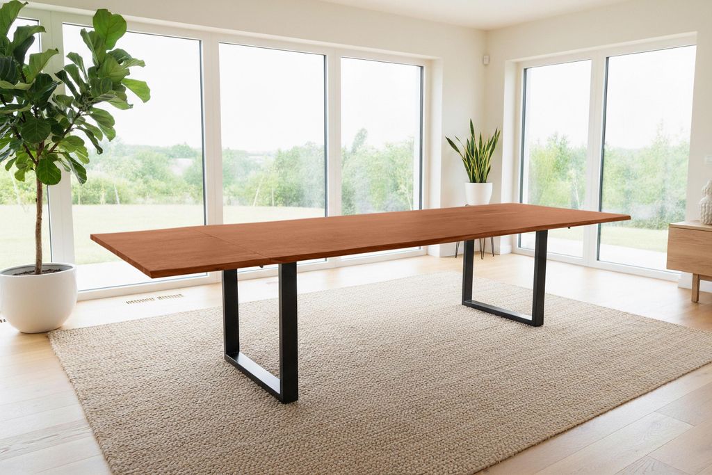Esstisch Baumkante Akazie nuss 200(300)x100 Ansteckplatten U-Gestell schwarz AVINO