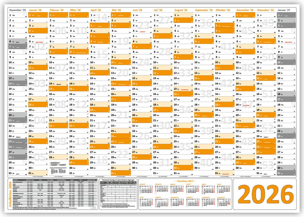 XL Wandkalender Wandplaner 2026 orange (gerollt) DIN A1 Produktbild 