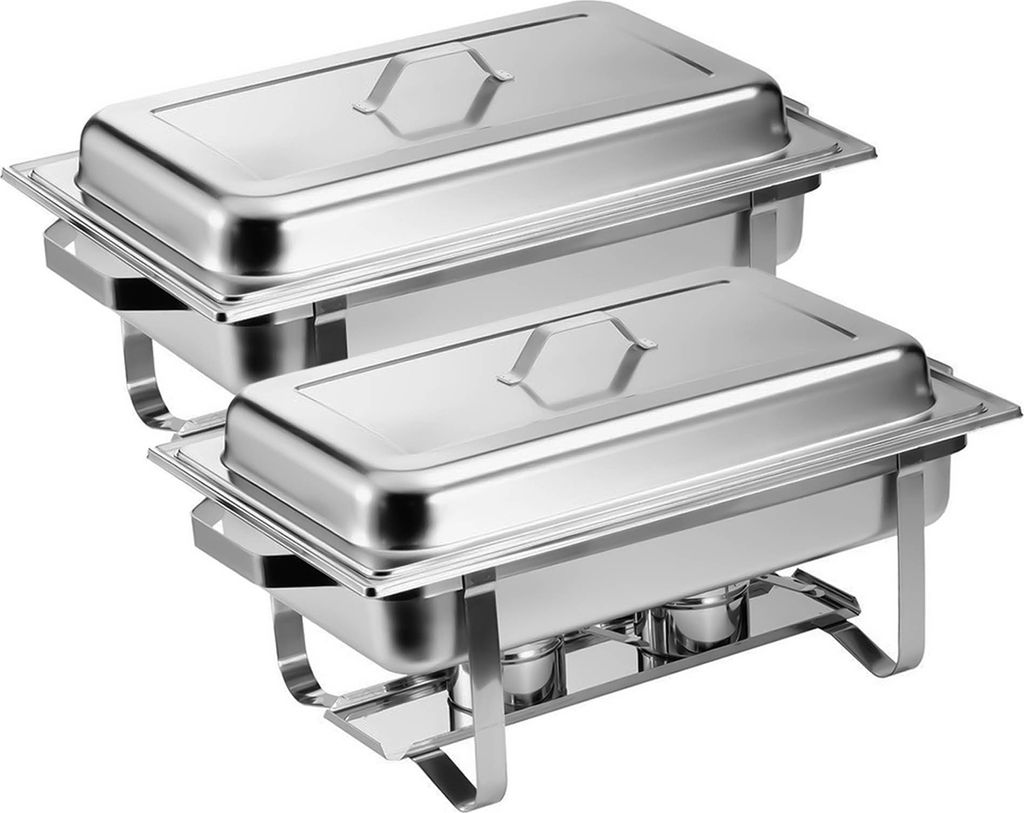 Two stainless steel chafing dishes stacked on top of each other, set against a white background.