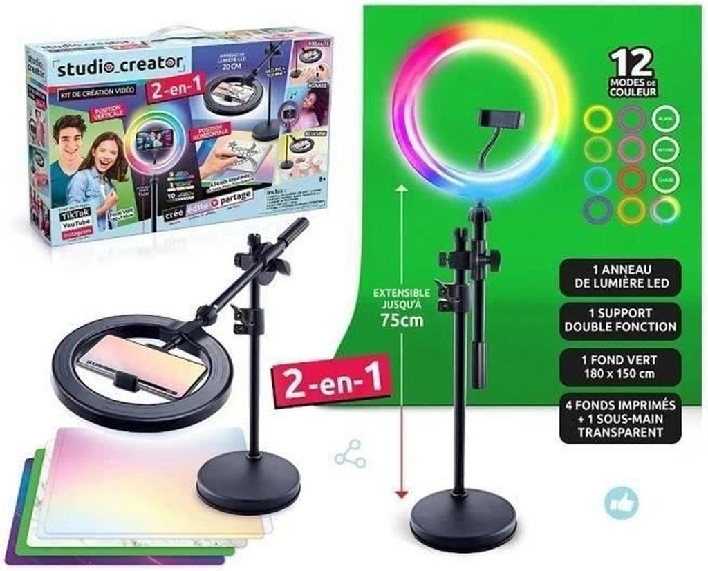 A product image showing a video creation kit with a ring light, stand, and various backgrounds, presented with promotional text and graphics.