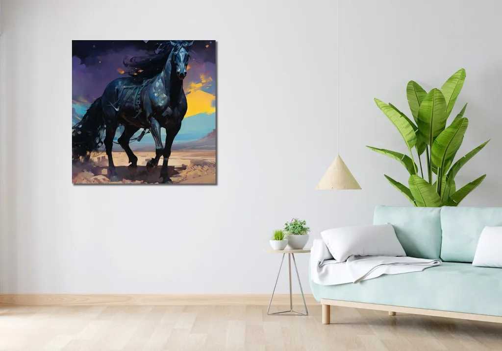 Grand Tableau 90x90 cm Cheval Noir - Solution Déco Murale sans Reflet