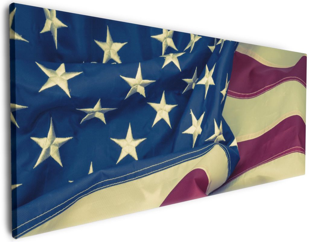 Wallario Premium Leinwandbild Amerikanische Flagge im Wind in Größe 80 x 200 cm