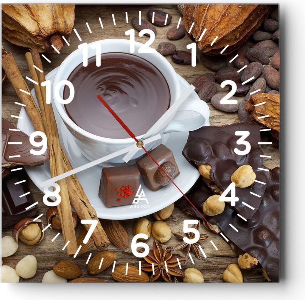 Wanduhr - Quadrat - Glasuhr - Tasse Schokolade trinken Zimt - 40x40cm - Schleichendes Uhrwerk - Lautlos - zum Aufhängen bereit - Dekoration Modern...