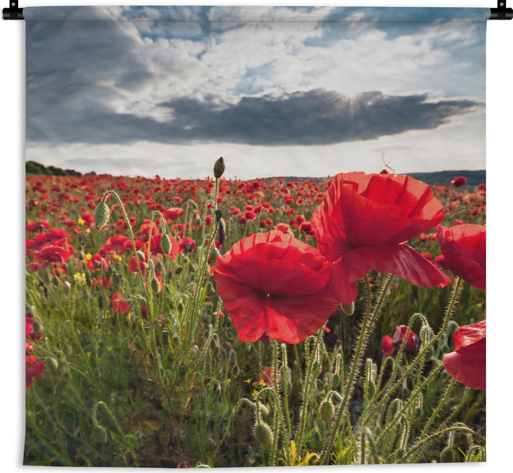 MuchoWow Wandteppich Wandbehang Mohnblumen vor einem dramatischen, stürmischen Himmel 90x90 cm Tapisserie Dekoration Wandtuch - Wandaufhänger