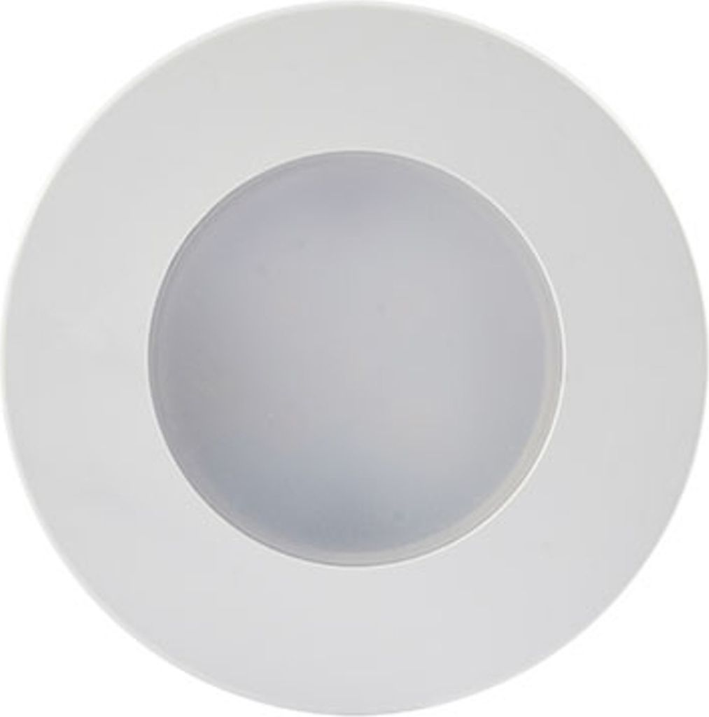 A close-up, top-down view of a white LED recessed light fixture against a white background.
