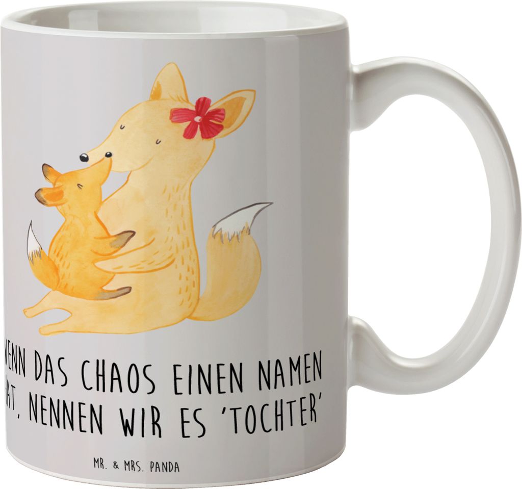 Mr. & Mrs. Panda Trinkbecher Chaos Tochter - Grau Pastell - Geschenk, Familie, Freude, Einfallsreichtum, Kaffeetasse, Teebecher, Henkeltasse, Famil...