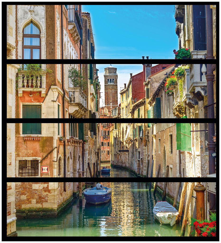 Wallario Möbelfolie / Aufkleber, geeignet für Ikea Malm Kommode mit 4 Schubfächern - Urlaub in Venedig Kanal zwischen bunten Häusern