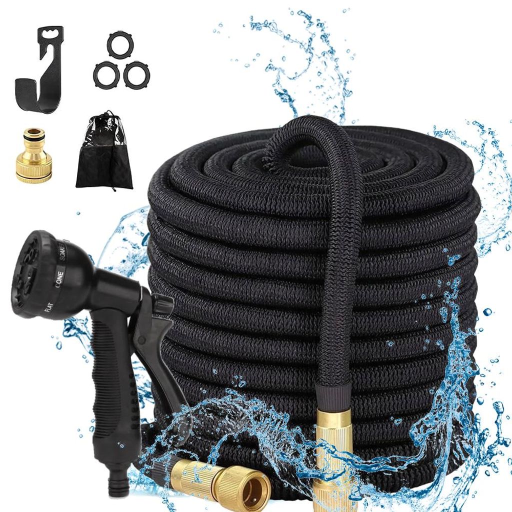 Flexibler Gartenschlauch 15m Gartensprinkler, Wasserschlauch flexibel mit 3-Fach Latexkern inkl. Vollmessing Adapter für 1/2' 3/4' Zoll, Tasche
